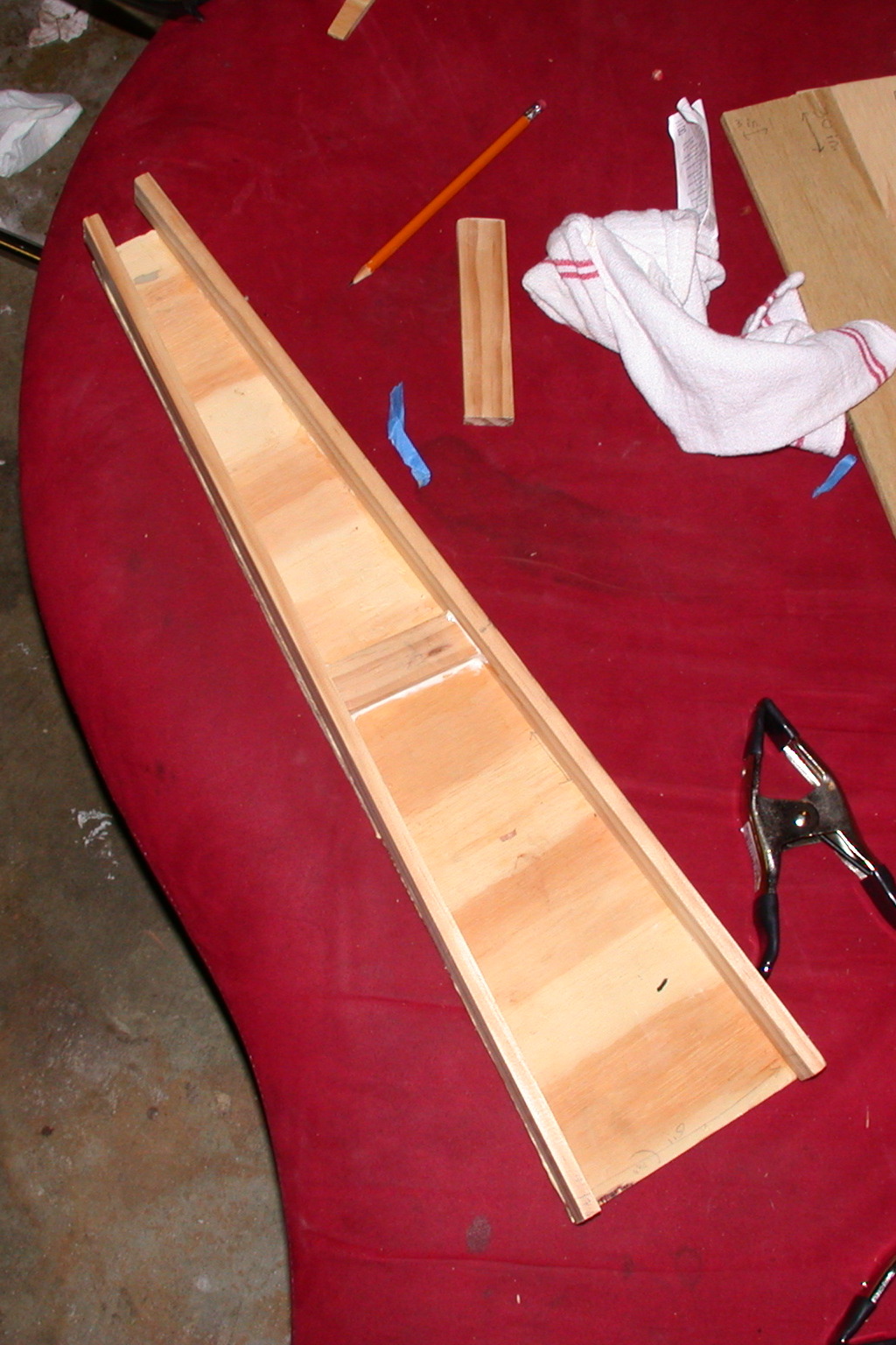 overhead view of the innards of what will become the body. A brace has been glued in.