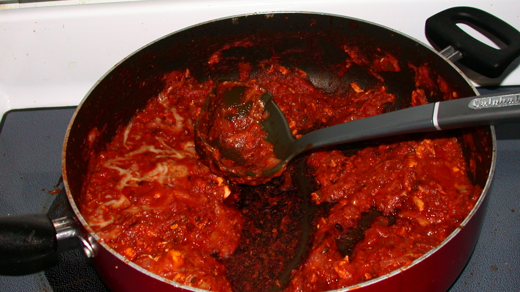 close-up view of a pot of shakshuka.