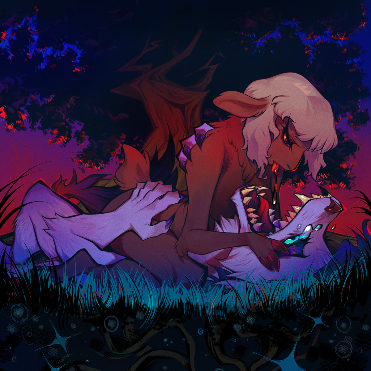 furry-style deer and wolf fucking in front of a tree under a blue and red sky. the deer is on top, saliva dripping from her mouth into that of the wolf's, who is crying.