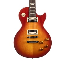 a les-paul shaped guitar with a cherry sunburst finish.